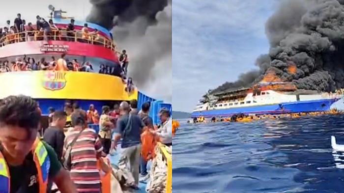 KM BARCELONA TERBAKAR - Kapal laut KM Barcelona V dari Kabupaten Kepulauan Talaud menuju Pelabuhan Manado, Sulawesi Utara, terbakar, Minggu (20/7/2025). Kebakaran itu pun disiarkan langsung penumpang yang telah melompat ke laut.
